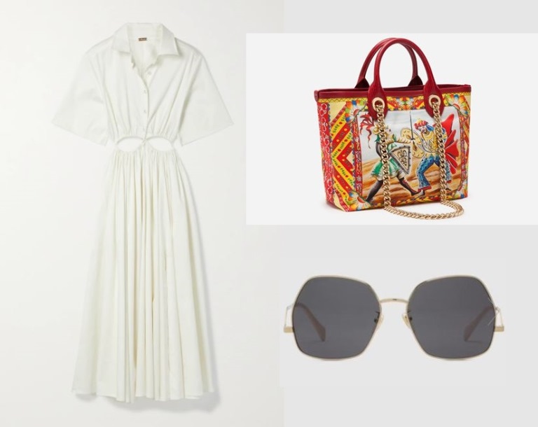 نسّقت مع اللوك حقيبة مزينة بالطبعات الملونة من Dolce & Gabbana ونظارات شمسية كبيرة من مجموعة Gucci