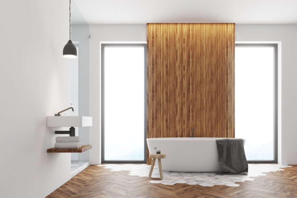تصميم أرضية الحمام من الرخام والخشب