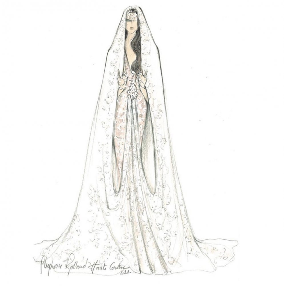 رسم تخطيطي لفستان زواج صاحبة السمو الملكي الأميرة حصة بنت سلمان من توقيع المصمم العالمي Stephane Rolland