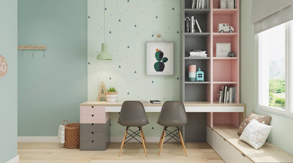 الخطوط الهندسية البسيطة مع ألوان الباستيل في تصميم مكتب يليق بغرف الأطفال