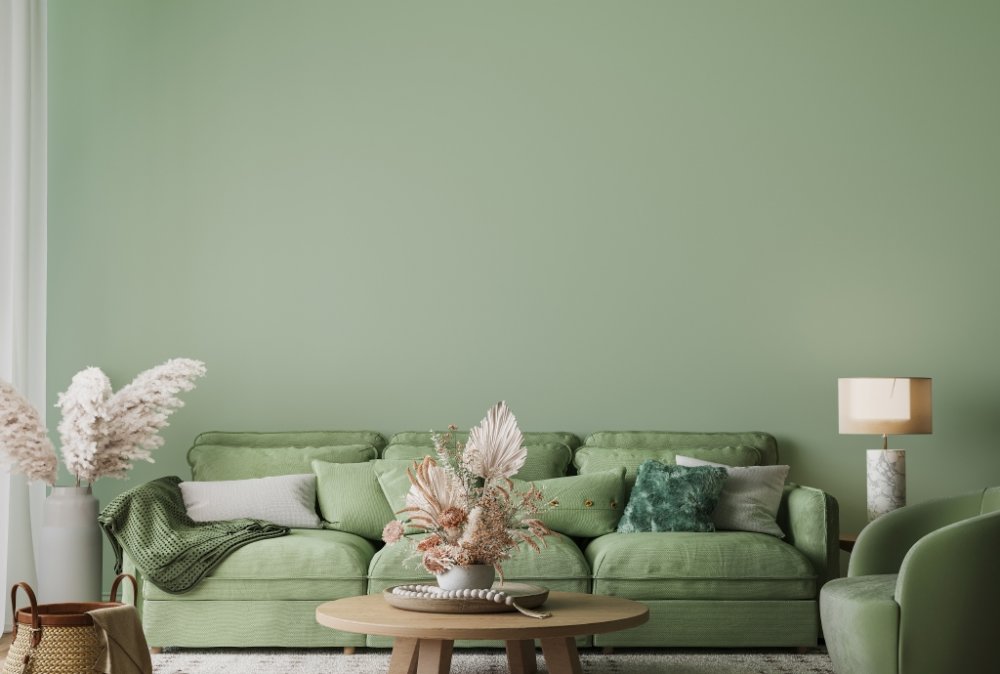 الأخضر الباستيل في ديكورات غرفة معيشة عصرية