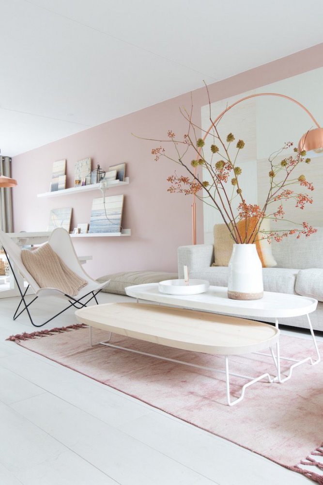 البيج والوردي الباستيل في ديكورات غرف المعيشة