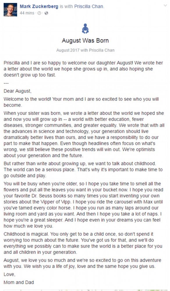 رسالة مارك زوكربيرغ لطفلته الجديدة