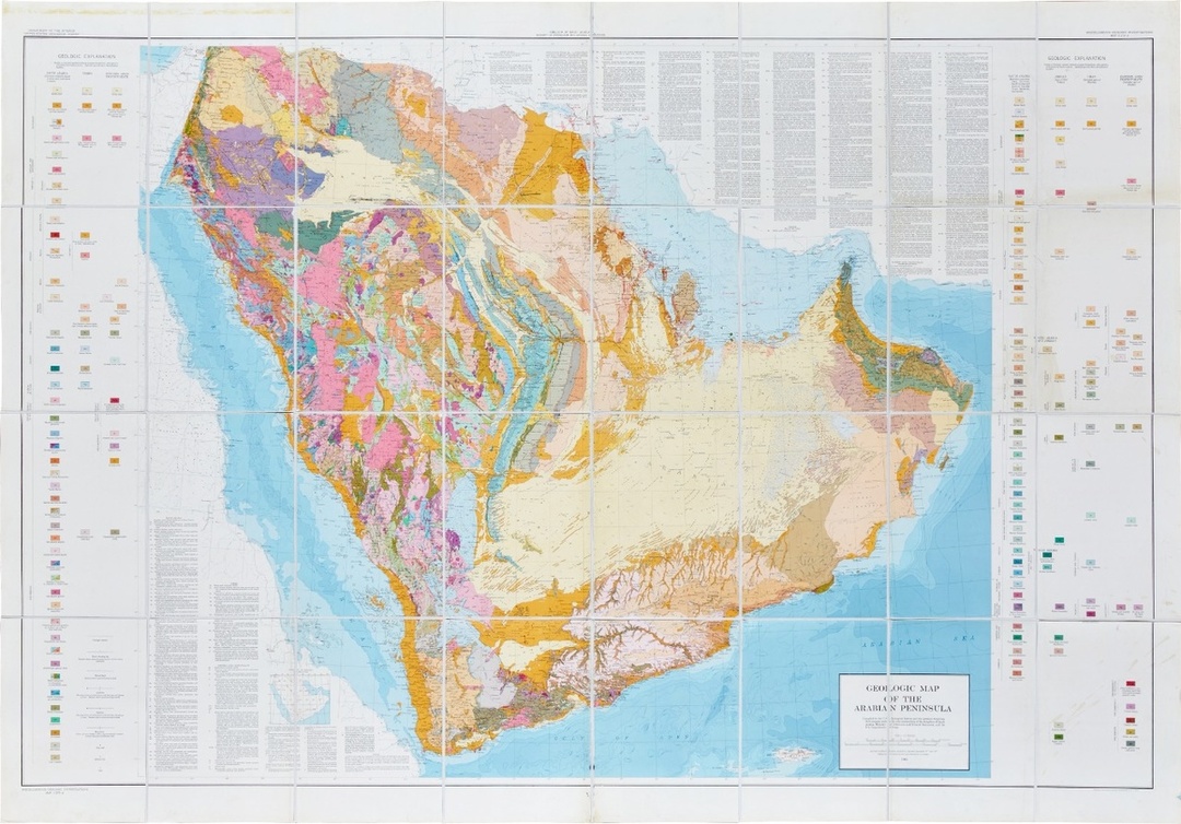 خريطة كبيرة ومفصلة تصور جيولوجيا شبه الجزيرة العربية ويعود تاريخها إلى عام 1963