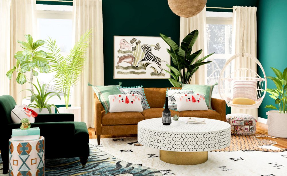 غرفة معيشة استوائية بألوان زاهية وجذابة