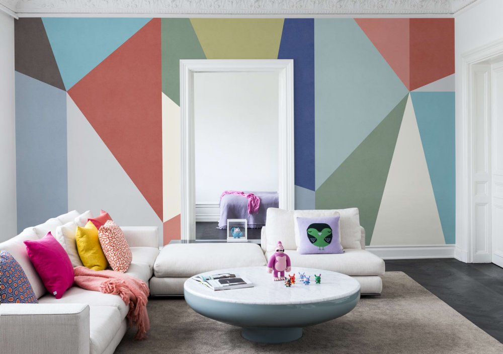  ألوان مبهجة وخطوط عصرية في تصميم ورق جدران غرفة المعيشة المميزة
