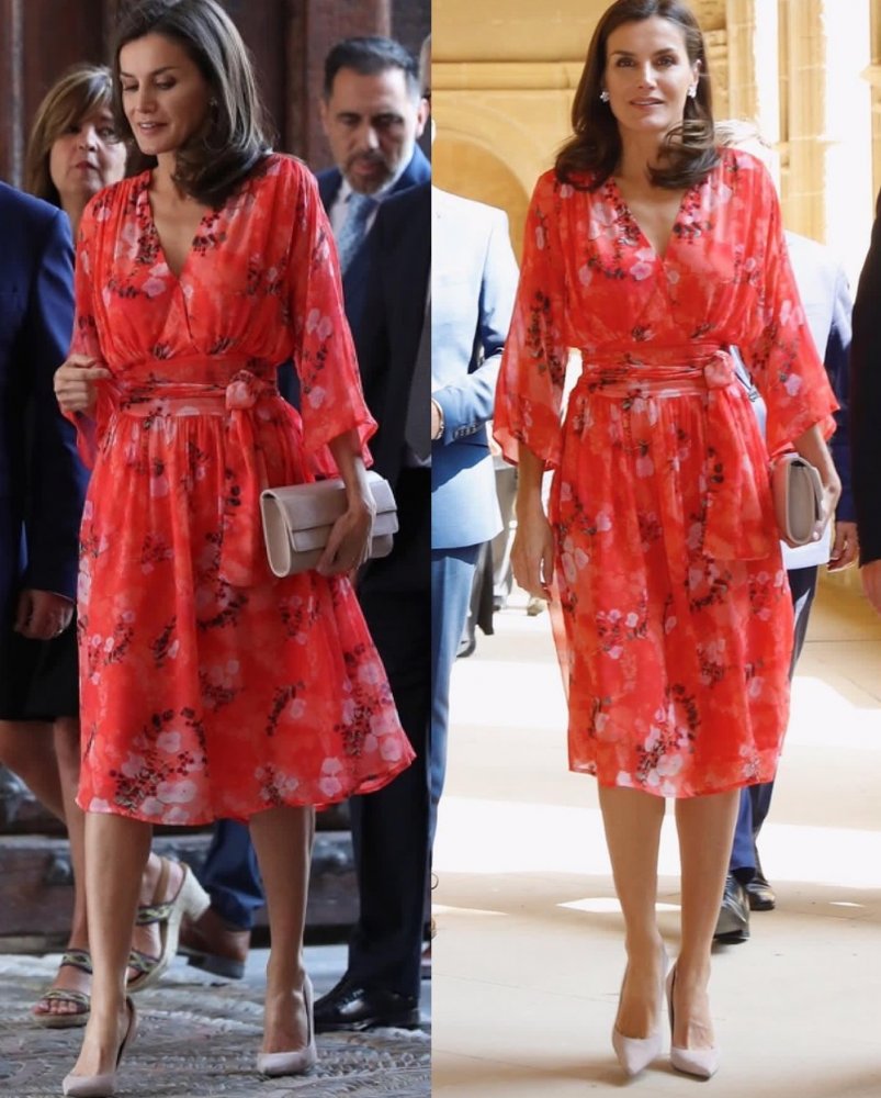 ليتيزيا ملكة إسبانيا ارتدت فستان مزخرف باللون الأحمر ‏ مع الأكسسوارات النود
