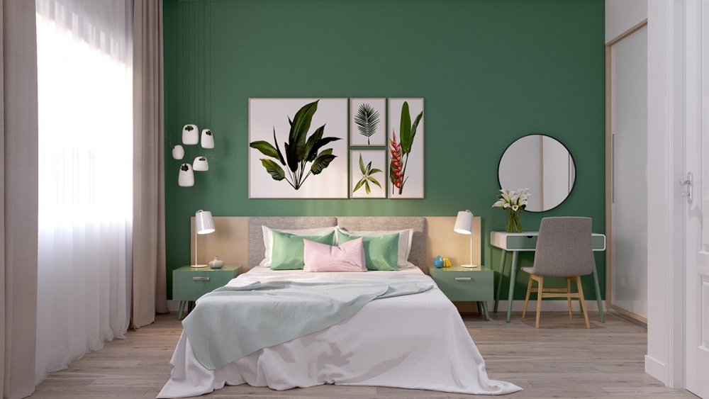 ديكور غرفة نوم بالأخضر والوردي تستحضر الطبيعة في تفاصيلها