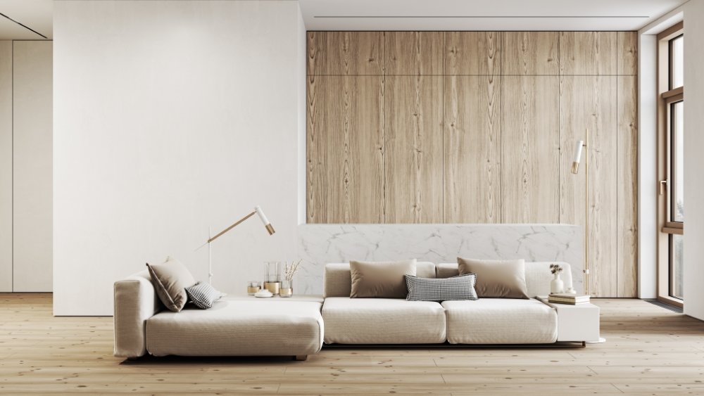 البيج مع الخشب في ديكور غرفة معيشة minimalist