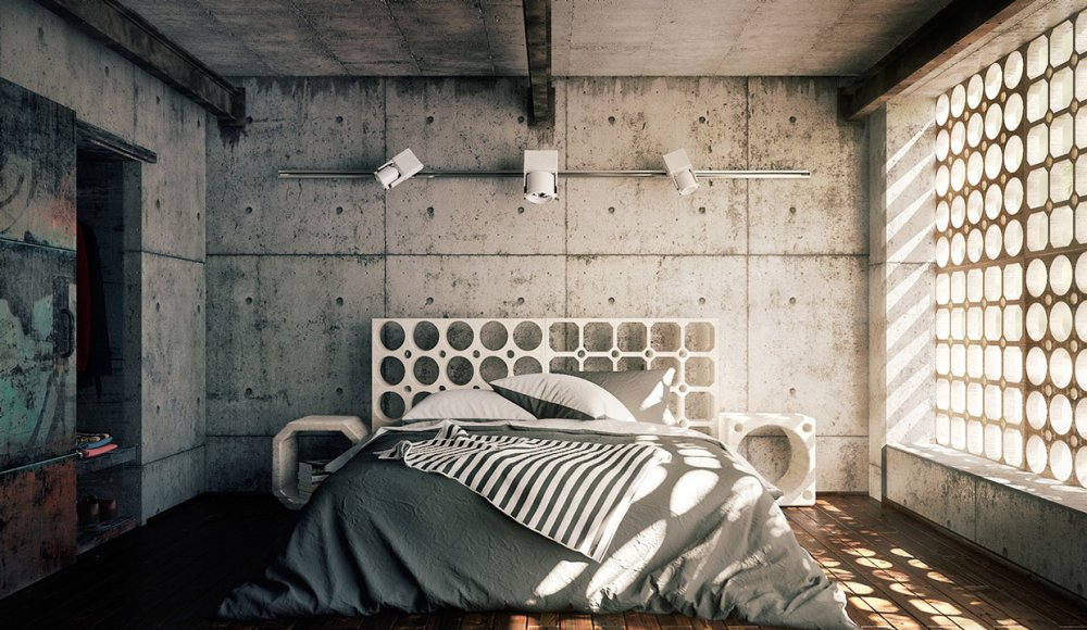 تصميم جريء للجدران الخرسانية بمظهرها الطبيعي في ديكور غرفة نوم مودرن 