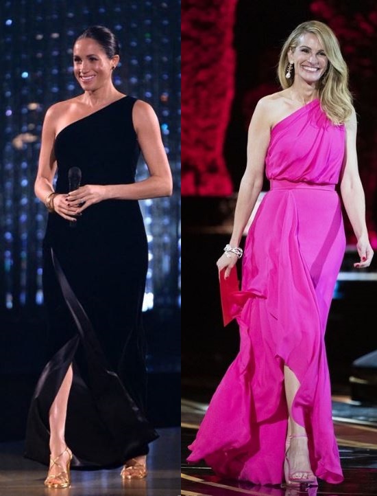 التشابه واضح بين فستان ميغان الأسود من جيفانشي بقصة الكتف الواحد، وفستان جوليا