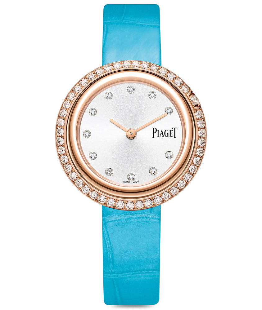 ساعة راقية من Piaget متميزة باطار ماسي مذهب وسير جلد تركوازي جذاب