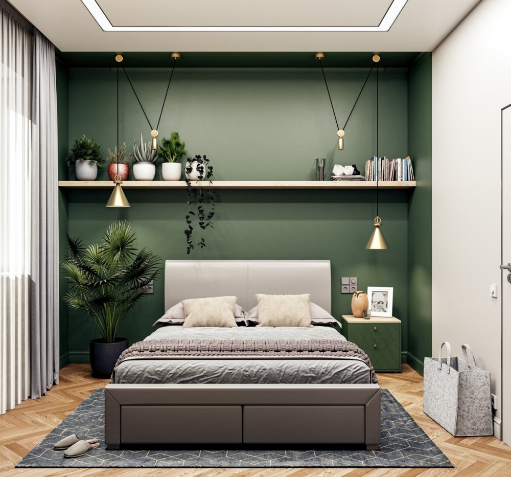 خلفية رائعة باللون الأخضر لغرفة نوم عصرية