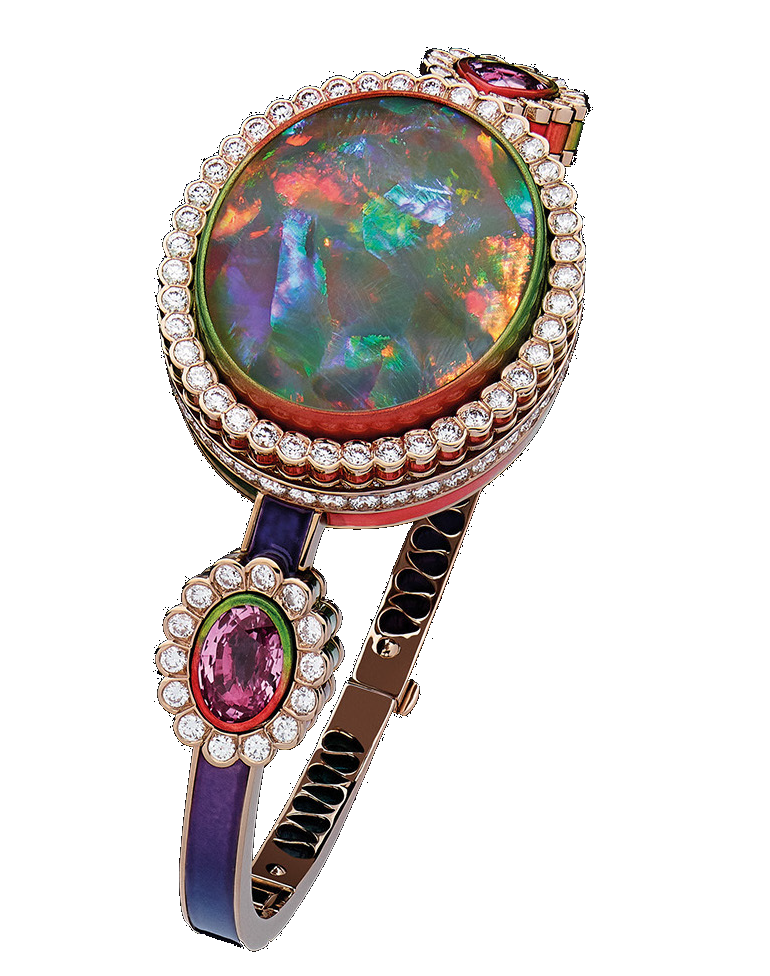 من مجموعة ديور إي موا Dior Et Moi من ديور فاين جوليري Dior Fine Jewelry ساعة سرية من الذهب الوردي المرصع بالماس والأوبال الأبيض والصفير الوردي والبنفسجي.