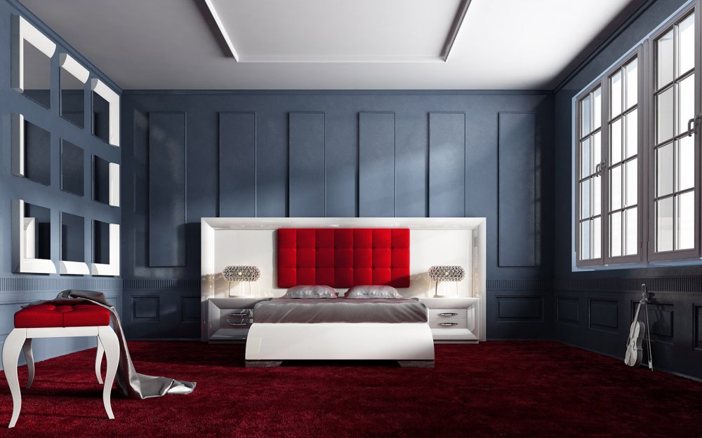 ديكورات حوائط تعتمد اللون الأزرق مع لمسات جريئة بالأحمر لغرفة نوم أنيقة