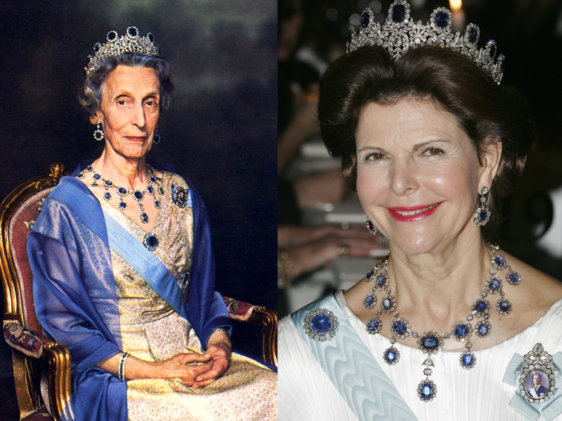 الملكة سيلفيا والملكة لويز ترتديان طقم The Leuchtenberg Sapphire Parure