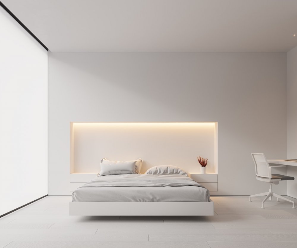 اللون الأبيض الصريح في تصميم غرفة نوم عصرية