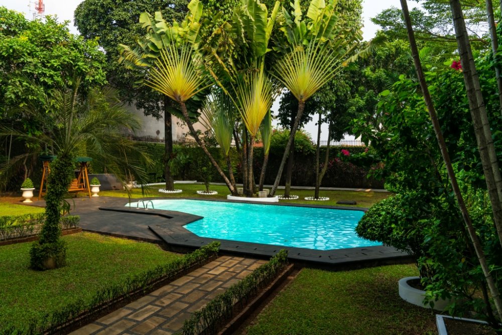 تصميم مسبح رائع في حديقة منزلك بإطار أسود جذاب