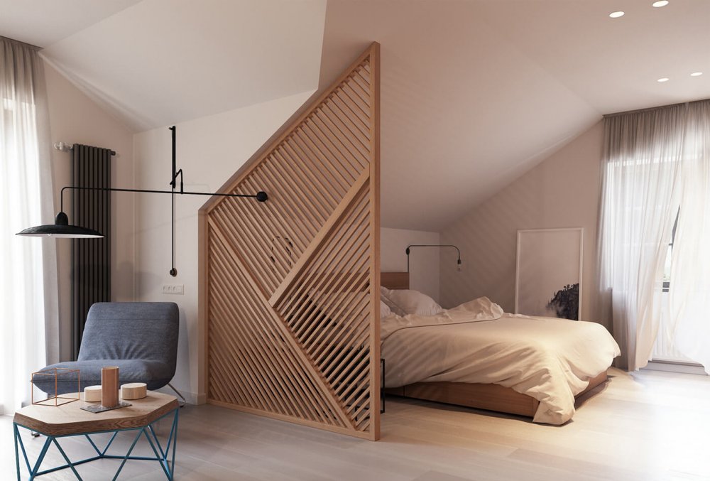 تصميم خشبي مودرن يفصل فراغات غرفة النوم