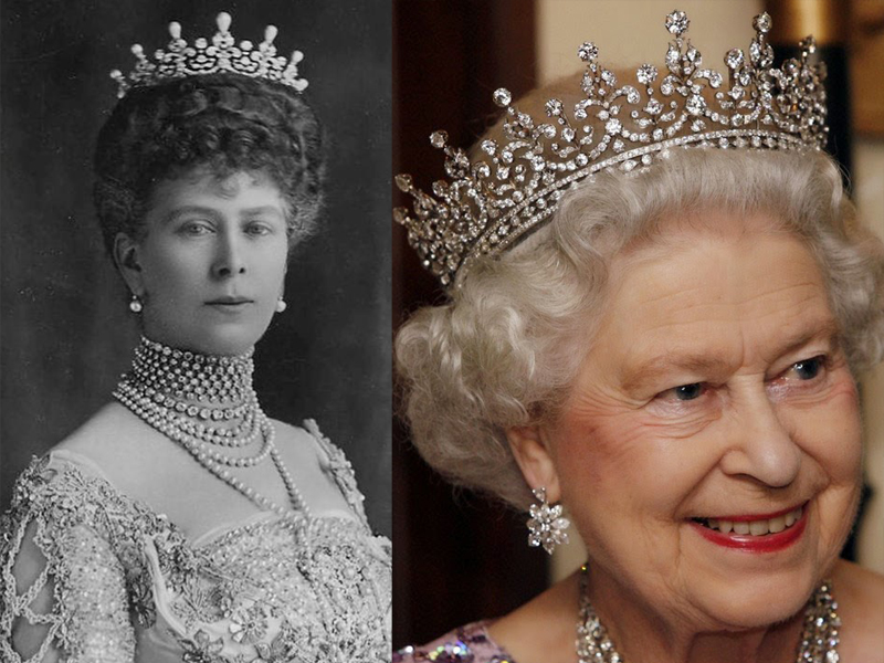 الملكة ماري ترتدي تاج Girls of Great Britain and Ireland Tiara بتصميمه الأصلي مع اللآلئ