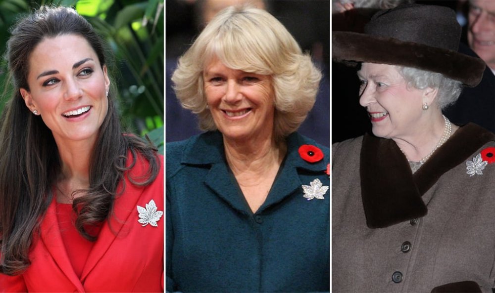 الملكة إليزابيث الثانية تعيير بروش " The Maple-Leaf " لكيت وكاميلا أثناء زيارتهما إلى كندا