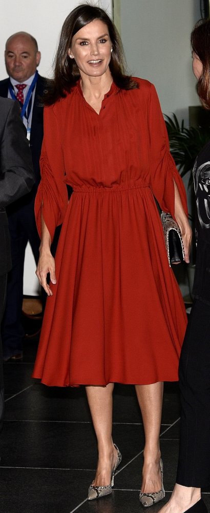 ليتيزيا ملكة إسبانيا بفستان أحمر هادىء من دار SALVATORE FERRAGAMO