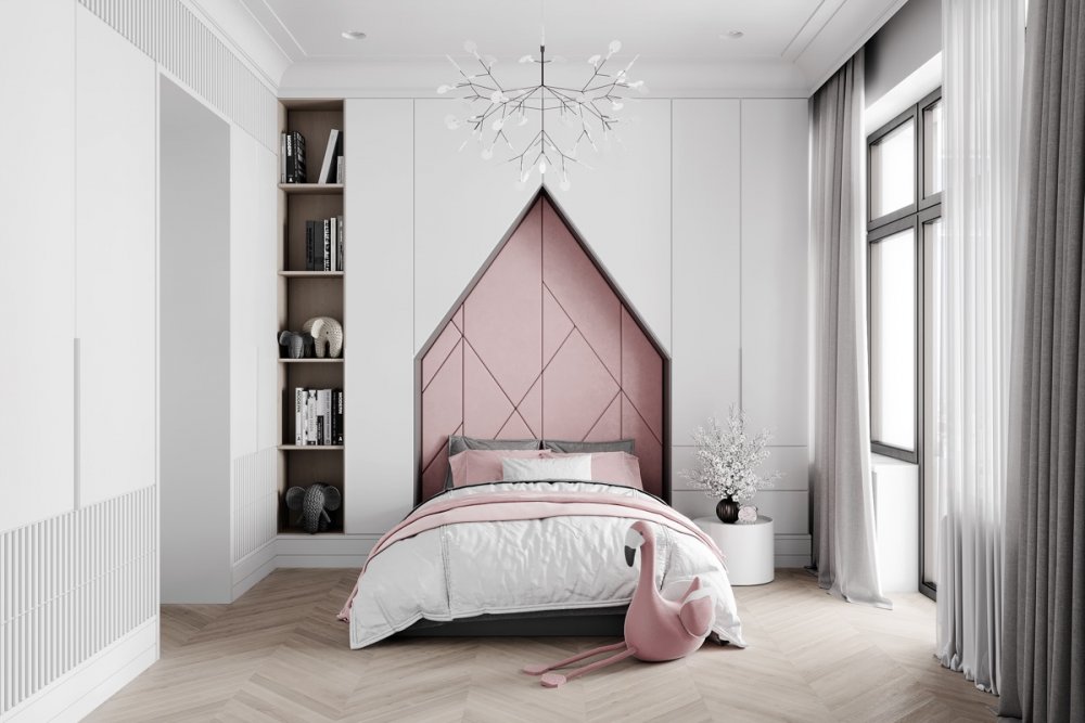  الأبيض الناصع يبرز جمال الزهري في غرفة النوم العصرية