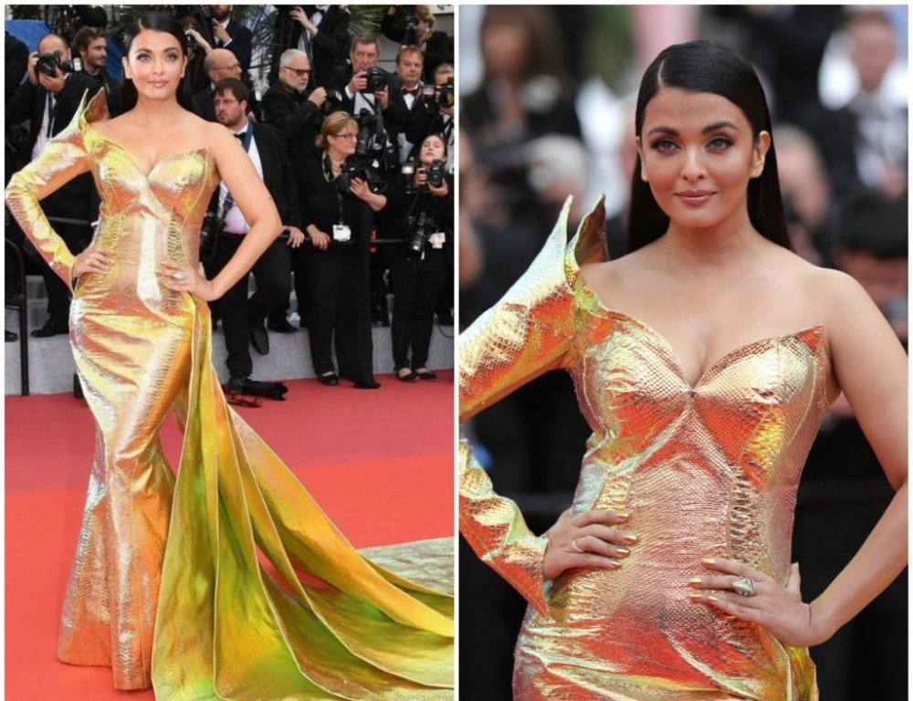 فستان ذهبي مع الجلد من اختيار آيشواريا راي Aishwarya Rai من توقيع دار Jean-Louis Sabaji