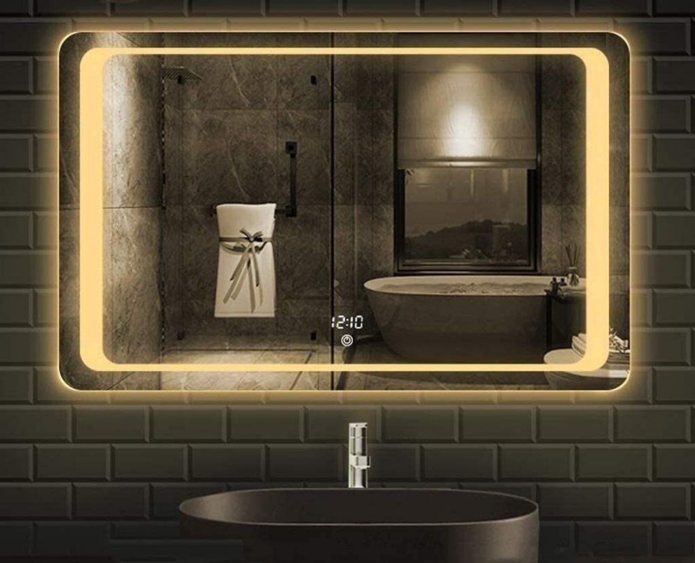تصميم مرآة حمام مع تفنيات الساعة والصوت