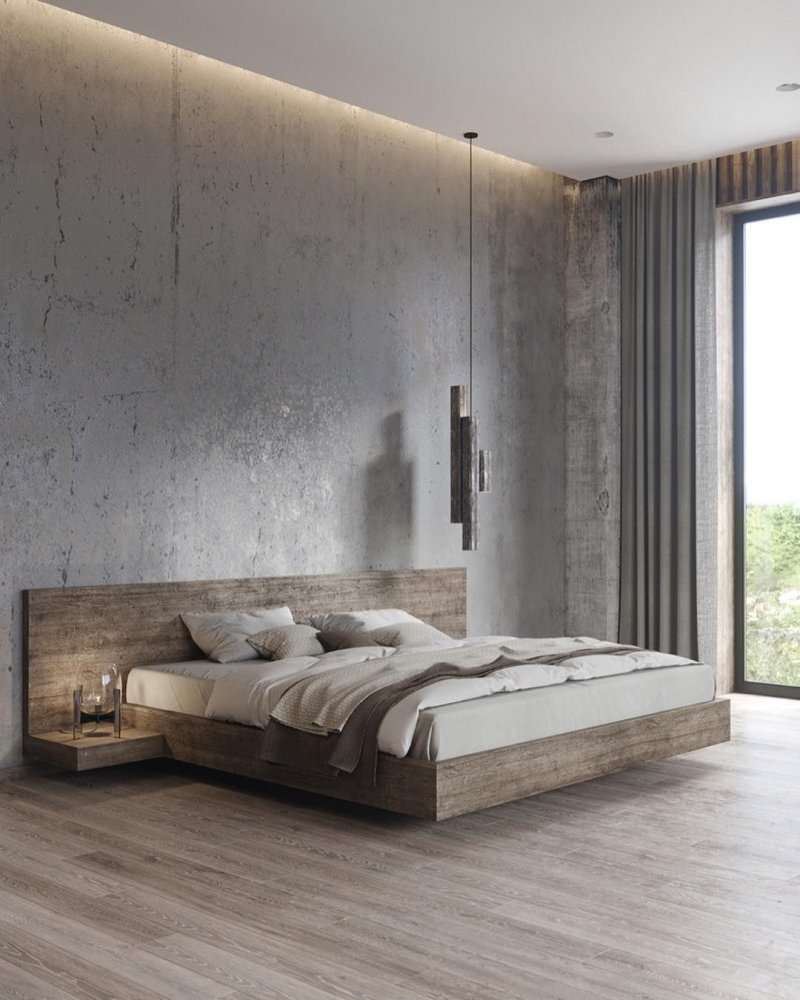  تصميم سرير خشبي ضمن غرفة نوم باللون الرمادي الحيادي