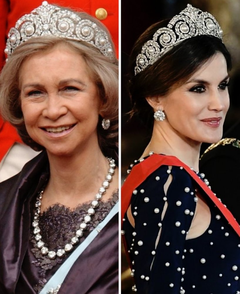  ملكتي إسبانيا ليتيزيا وصوفيا يرتديان تاج Cartier Pearl and Diamond Tiara