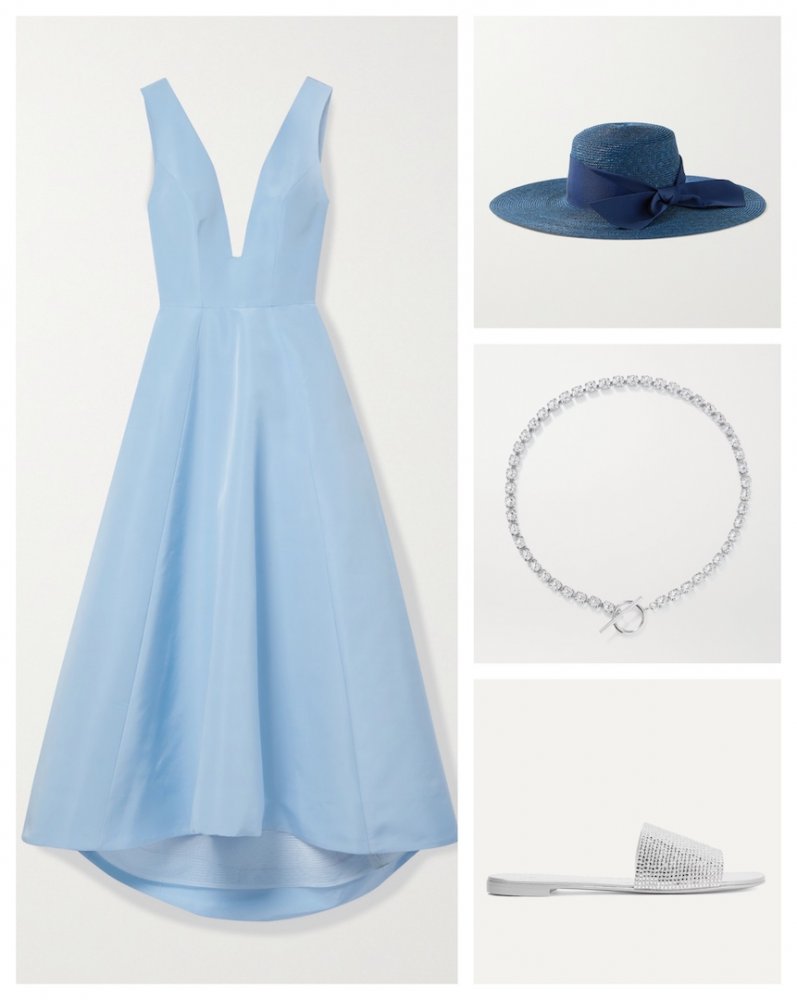 رقي الفستان الأزرق الساحر مع قبعة القش باللون البترولي الداكن
