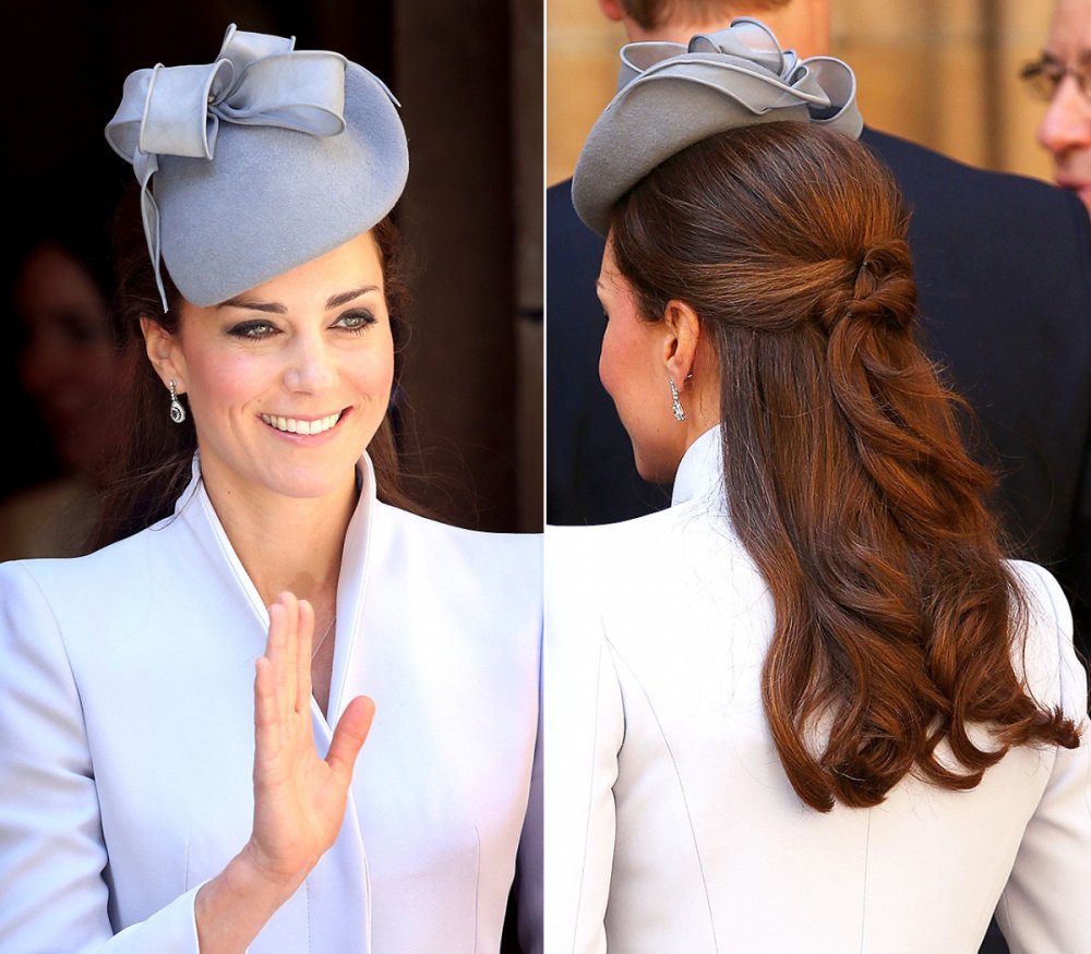  تسريحات شعر الرفعة المتوسطة مع الخصل الويفي والقبعة الملكية على طريقة كيت ميدلتون