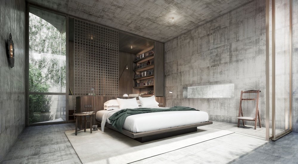 ديكورات حوائط غرفة النوم هي عبارة عن البيتون الصرف الواضح والبسيط