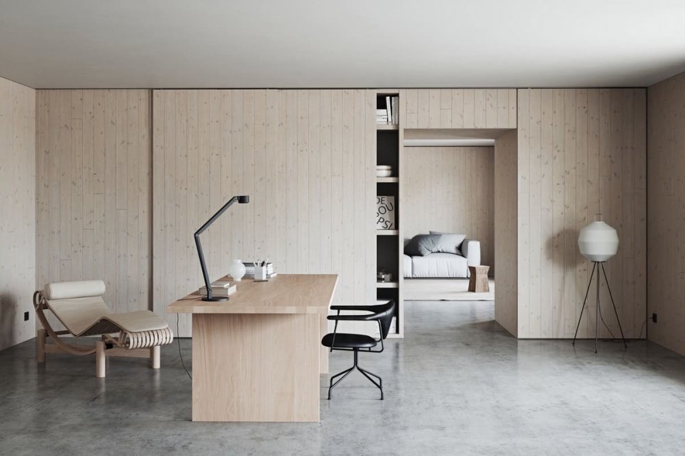 ديكور مكتب منزلي يعتمد الخشب والأشكال الهندسية البسيطة