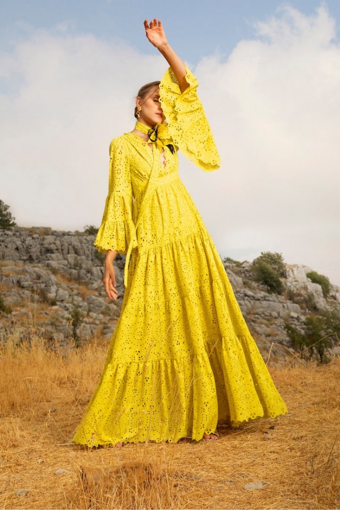 الأصفر الجذاب بفستان طويل مميّز من الدانتيل من Elie Saab
