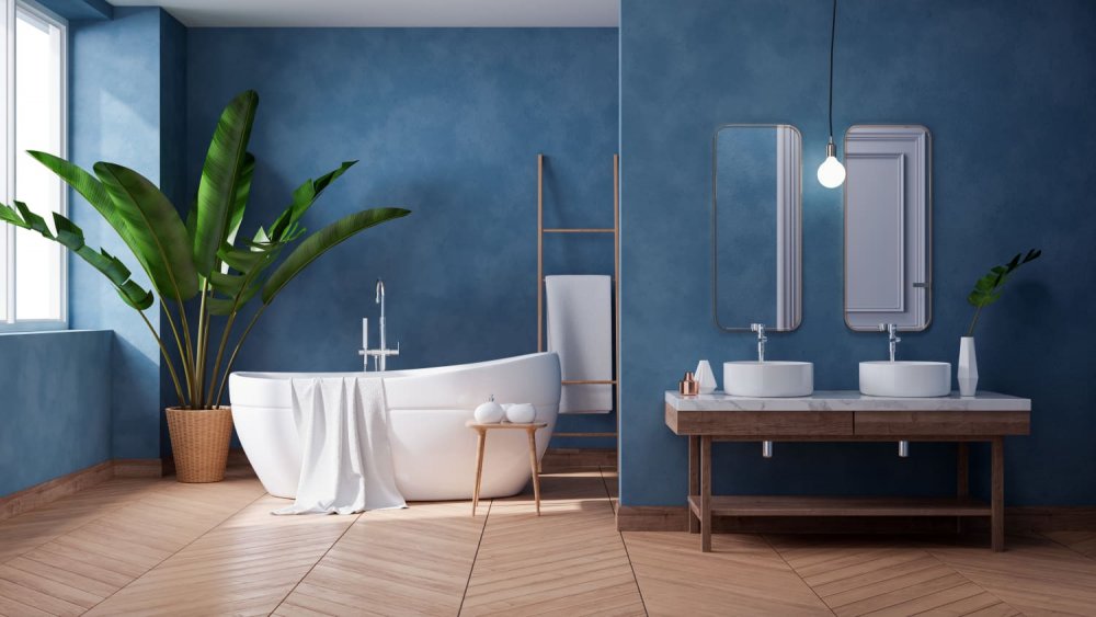 ديكور حمام بسيط باللون الأزرق المريح مع أناقة الخشب