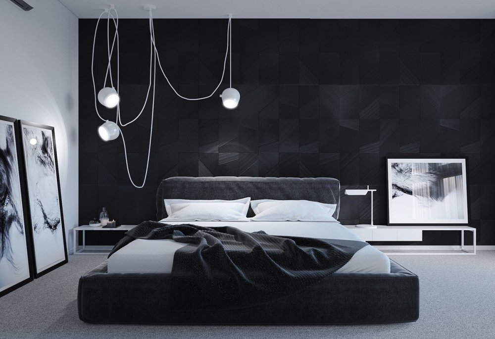 مفارش باللون الأبيض على سرير غرفة نوم عصري يتباهى باللون الأسود الجريء