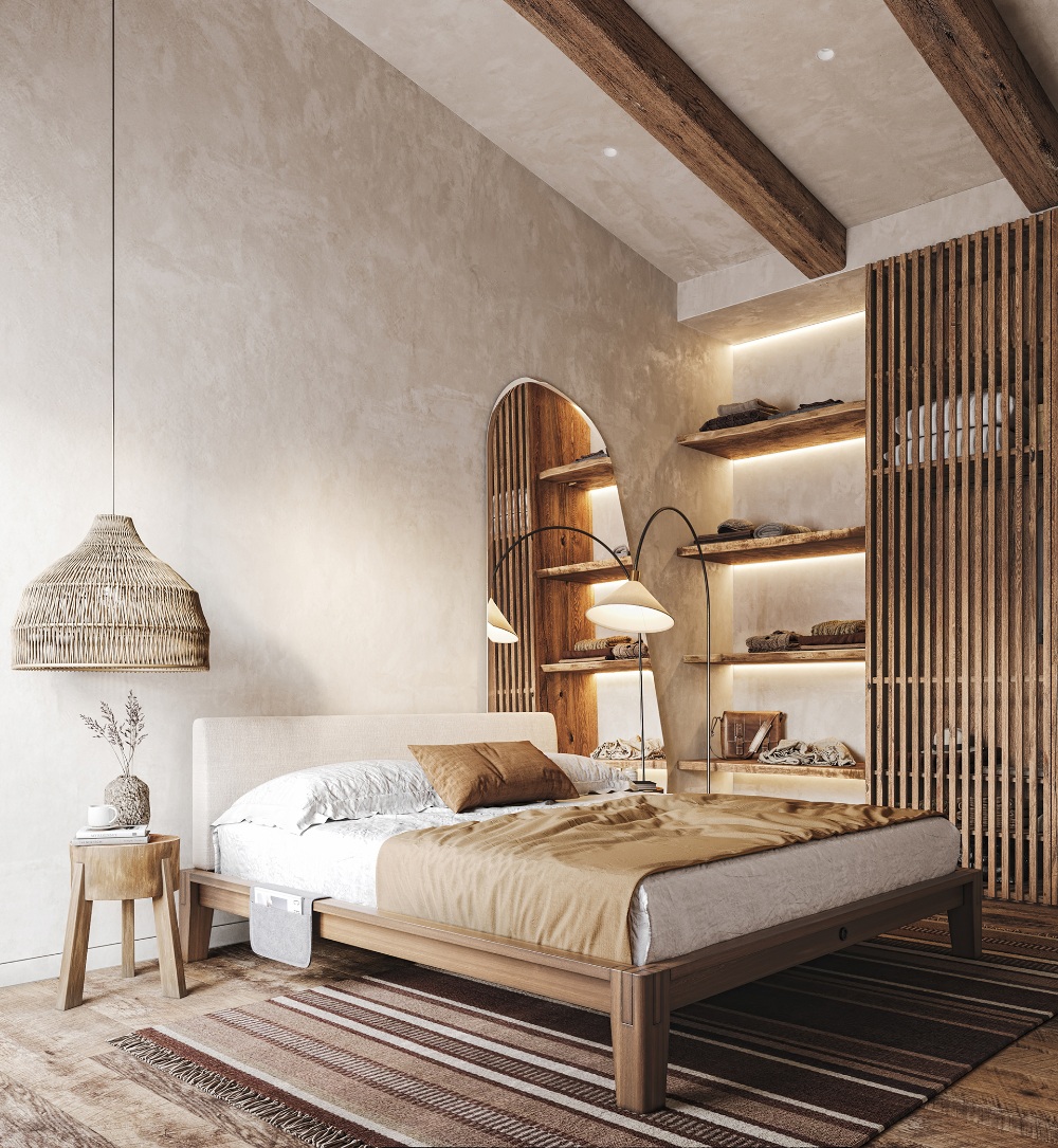 غرفة نوم مودرن من الخشب الدافئ والمواد الطبيعية