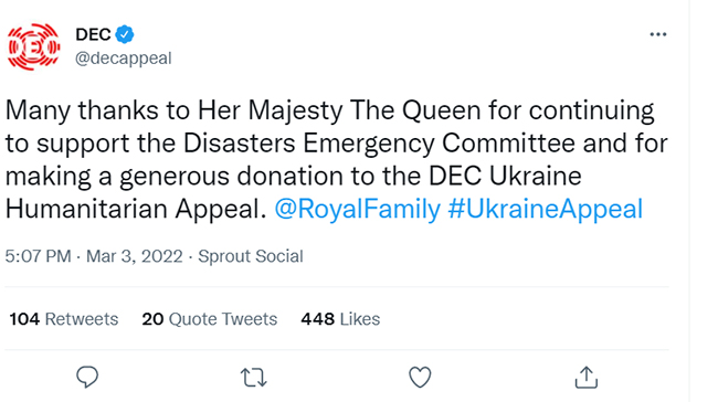 لجنة طوارئ الكوارث البريطانية تشكر الملكة إليزابيث الثانية على تبرعها السخي